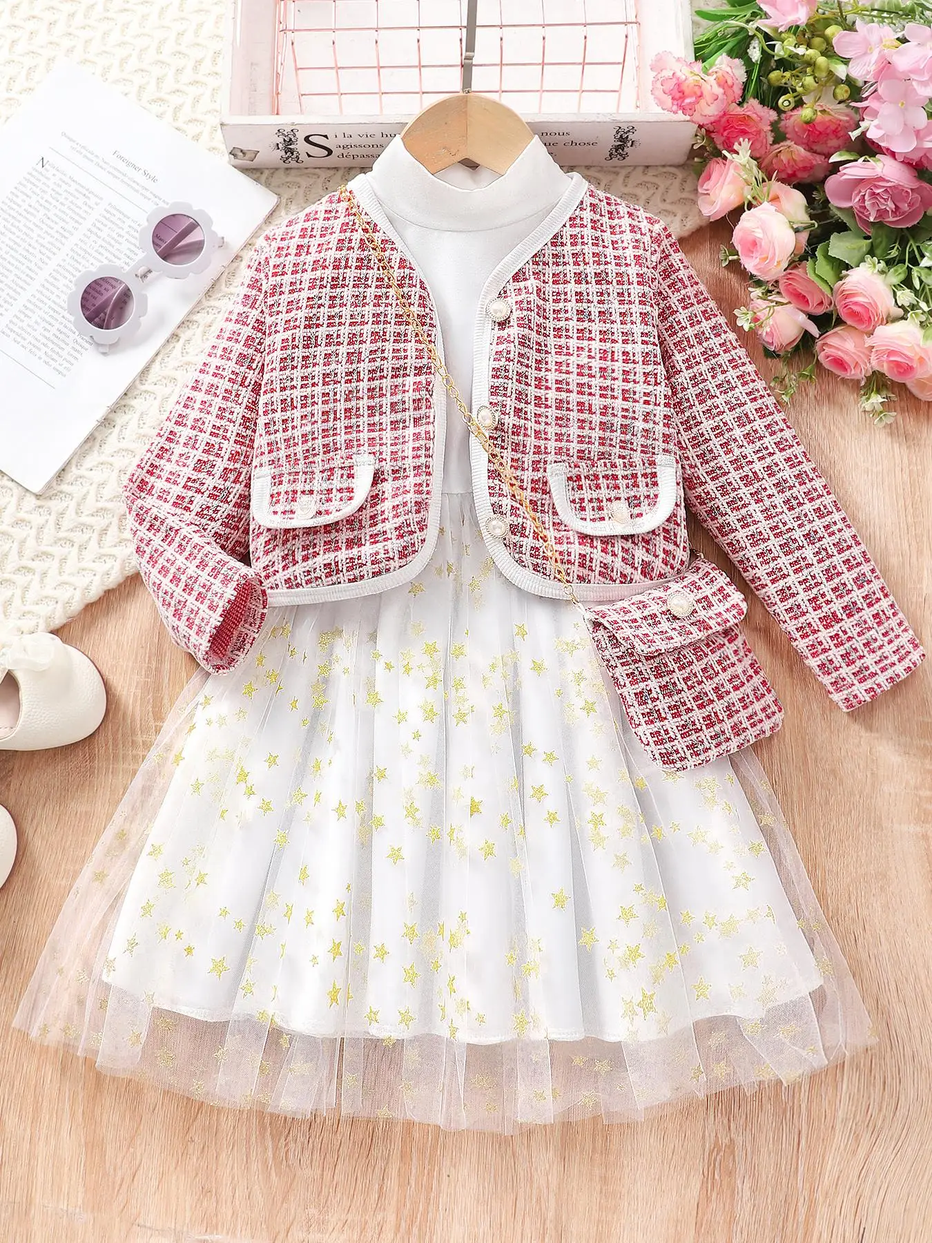 Three-piece Set Girl's Plaid Jacquard Jacket & Contrast Mesh A Line Dress & Chain Bag Set, Elegant Button Front Outerwear & Long Sleeve Dress & Bag f