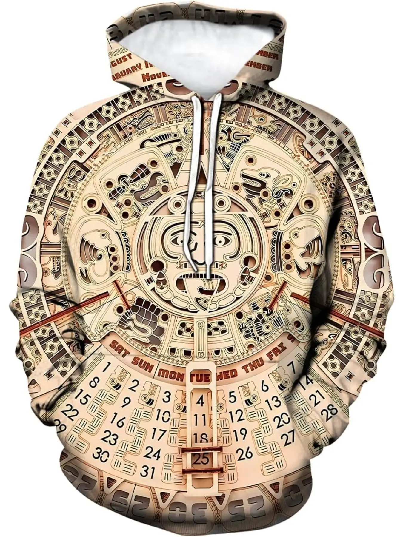 Men's Aztec-style Casual hooded sweater with a Mayan totem pattern, Casual Hooded Sweatshirt, Graphic Hoodies, and Mexican print design