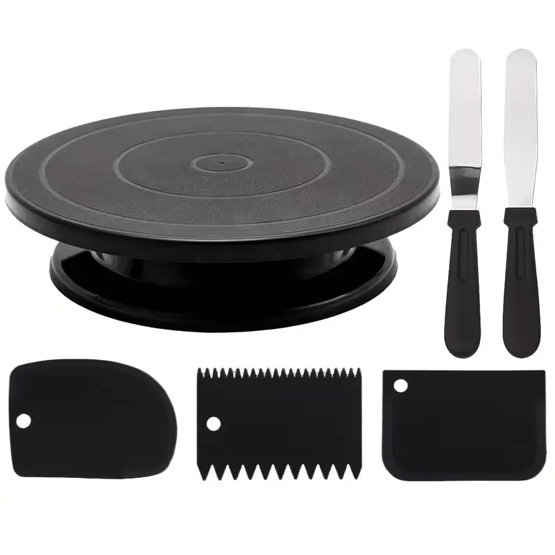 6Pcs Plastic Smooth Lightweight Rotating Cake Turntable Decorating Kit - Cake Stand, Straight & Offset Spatula, 3 Icing Comb Scrapers, Homemade Kitchen Bakeware Gift for Frosting