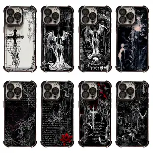 Gothic Cyber Sigilism Angel Cross INS Artistic Phone Cases For iPhone 17 Promax Pro Air 16 Plus 15 14 13 12 11 Transparent Black TPU Shockproof Protective Cover Gift For Birthday Christmas Valentine Halloween