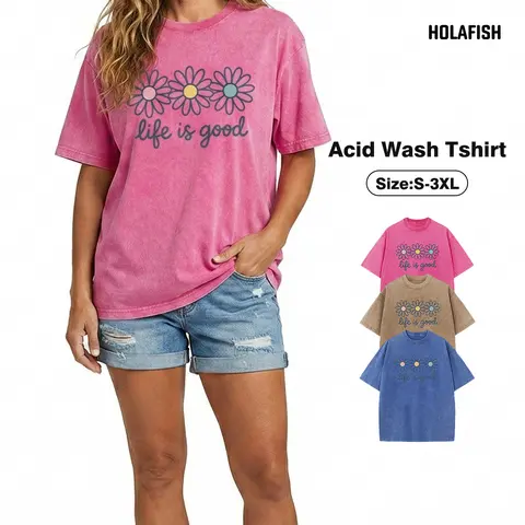 Holafish Upgraded Women's Short-Sleeve Cotton Daisy Floral Graphic Tee - Acid Washed, Drop Shoulder, Baggy, Comfortable Casual Wear, Vintage Streetwear, Mother's Day Gift