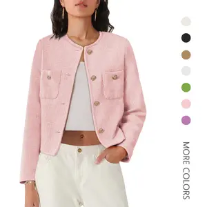 Danedvi Women's Tweed Jackets Long Sleeve Business Button Down Casual Cropped Blazer with Pockets Dress Outfits