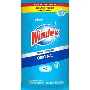 Windex Wipes Glass Cleaning, Pre-Moistened Glass and Surface Wipes to Clean Home Surfaces, Household Essentials, Original Scent, 38 Count (Pack of 1)