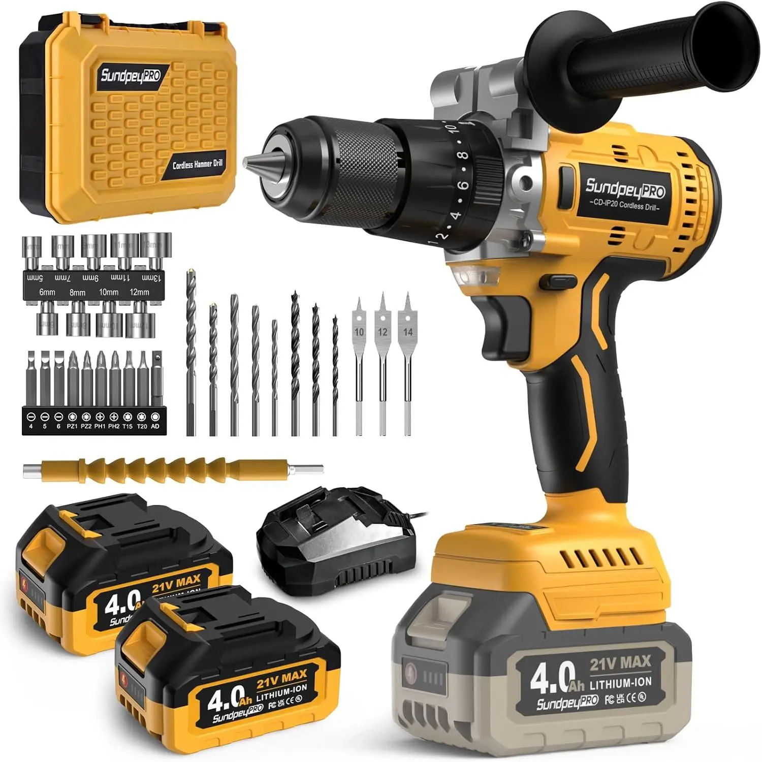 21V - 1060In·lbs Brushless Set with 2 x 4.0Ah Battery - 20+3 Battery Drills 2150RPM Drills 1/2" Chuck for Drilling Wood Bricks convertidor de bateria