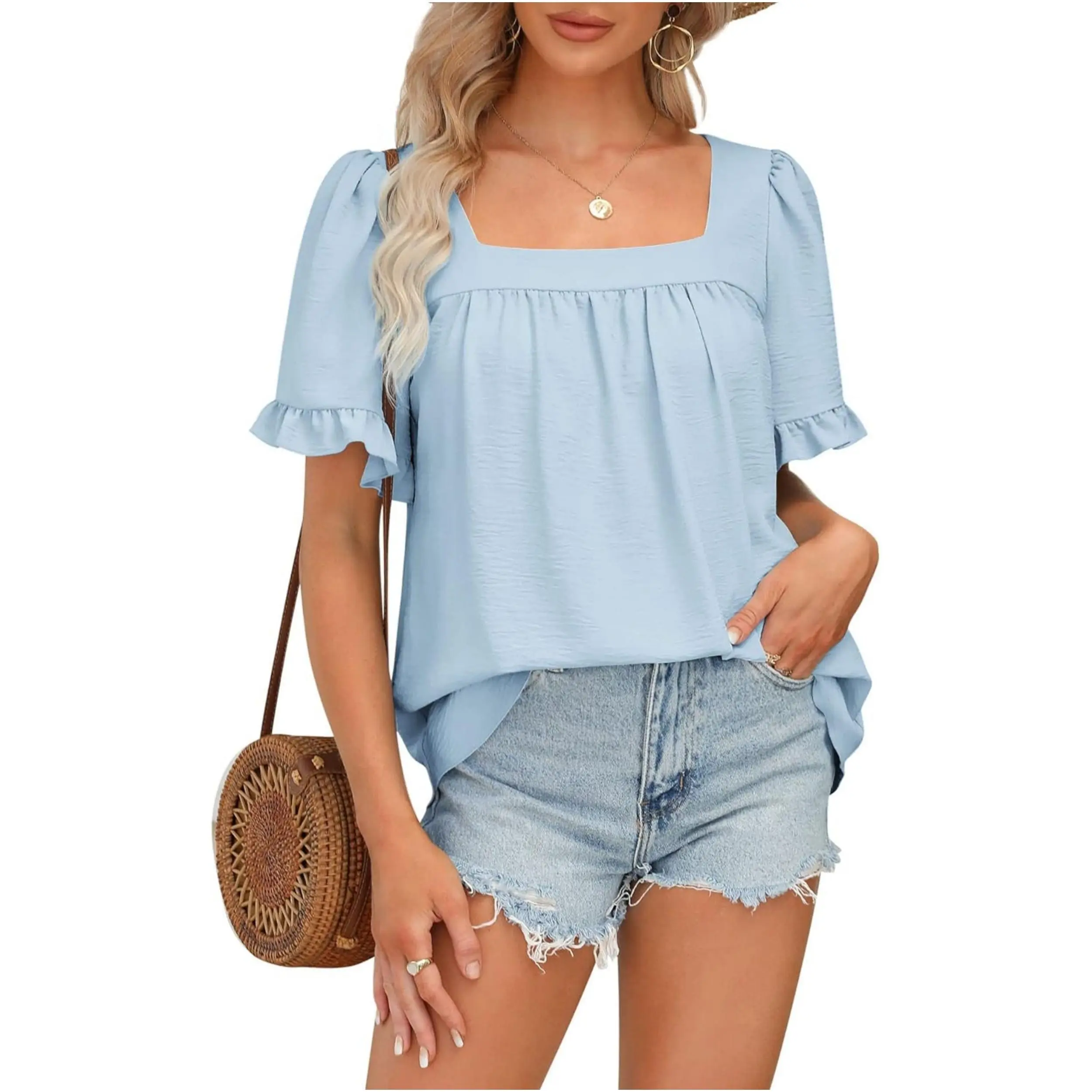 Imily Bela Womens Summer Tops Sqaure Neck Ruffle Sleeve Blouses Babydoll Shirts