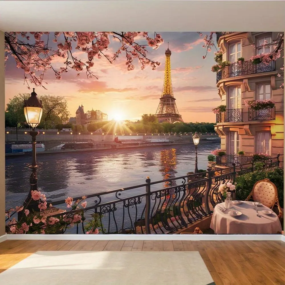 1PC,2D Flat Romantic Dusk by Seine River in Paris Backdrop, Eiffel Tower & Cherry Blossom Balcony Scenery Tapestry, Decorative Hanging Cloth for Bedroom & Living Room, Background Cloth for Live, Birthday, Polyester,summerwins