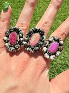 White Buffalo and Balloon Opal Full Flower Cluster Adjustable Sterling Silver Ring