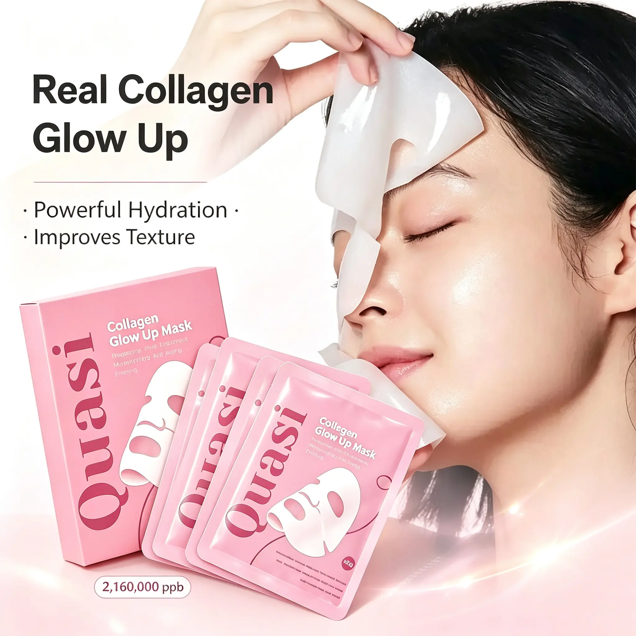 Quasi Collagen Glow Up Mask 2.0 - Bio-Collagen Hydrogel, Deep Hydrating Firming Facial Treatment for Wrinkle Smoothing, Pore Minimizing & Glass-Skin Glow, 2 Boxes (8 Sheets Total)