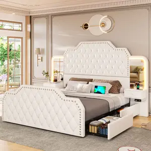 SIKAIC Modern PU Leather Upholstered LED Bed Frame with LED Lights, Sturdy Base and 2 Nightstands, White