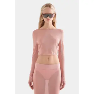Lurex Knit Long Sleeve Cropped Top - Light Pink