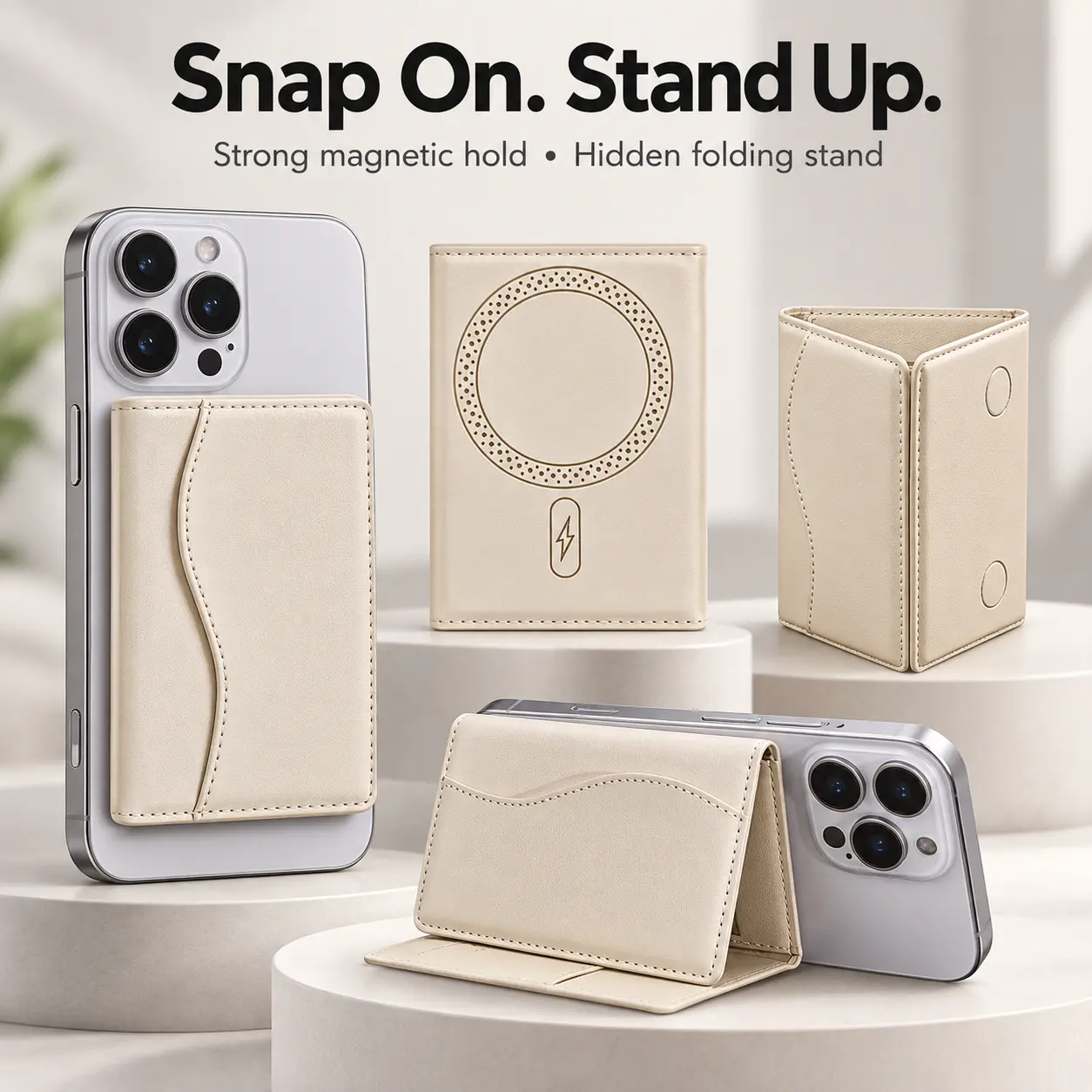Magnetic Tri-Fold PU Leather Slim Wallet Card Holder with Mag-Safe Snap-On, Mobile Phone Holder Kickstand for iPhone, Holds 3-5 Cards