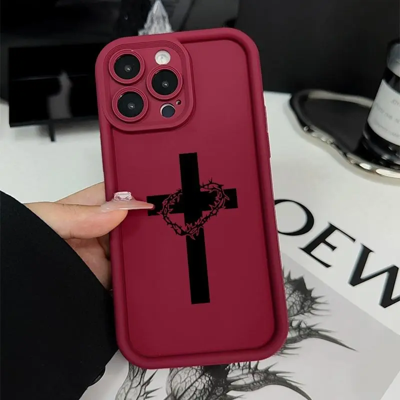 TPU Silicone Protective Cellphone Case Casing for iPhone 11/12/13/14/15/16/17 Pro, ProMax, Plus, Air - Cross-with-Thorns Pattern, Lens Protection, Durable Soft Cover, Boy Gift, Smartphone Accessories