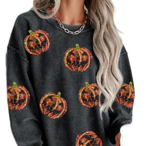 Sequence Ribbed Pull Over Sweatshirt with Pumpkin Print for Women's Fashion
