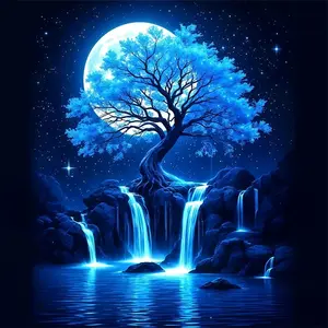 1PCS DIY Diamond Painting Kit Moonlit Tree Waterfall Night Scene Rhinestone Embroidery Craft for Home Wal