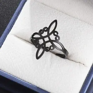 Adjustable open ring with hollow out witch knot design, vintage Celtic style, minimalist statement band, unisex everyday accessory, perfect for stacking, gothic boho vibe, great gift for any occasion.