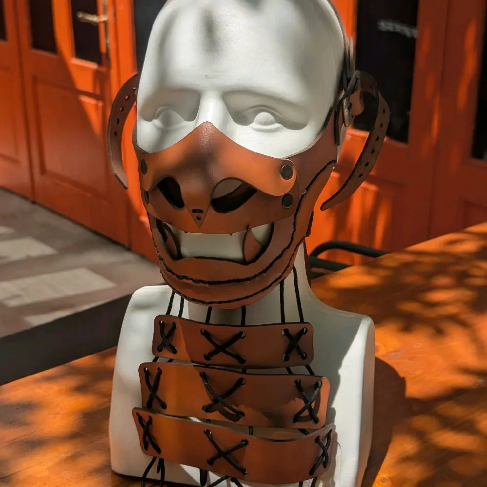 Mohawk Brand Hand Made Leather Mask with Crossed Straps and Unique Design for Costume or Performance