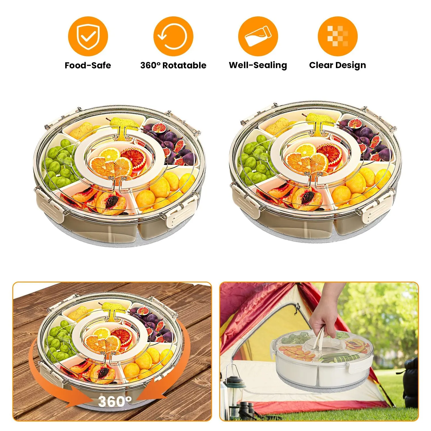 2PCS 360° Rotating Divided Serving Tray with Lid & Handle | Snack Organizer Container