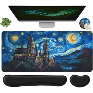 4pcs Starry Night Hogwarts Castle Design Mouse Pad + Keyboard Wrist Rest + Ergonomic Mouse Pad + Coaster Set, Office Accessories Set with Ergonomic Wrist Support, Computer Mat for Desktop Decoration, Suitable for Home Office Gaming