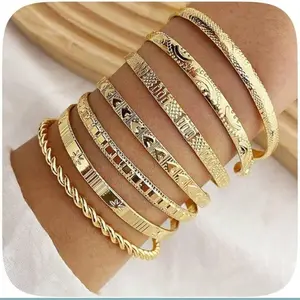 Gold Bracelet Stack for Women Girls Bangle Cuff Stackable Bracelets Trendy Jewelry Set Gold Silver Plated Adjustable Arm Cuff Bracelets Gift for Her