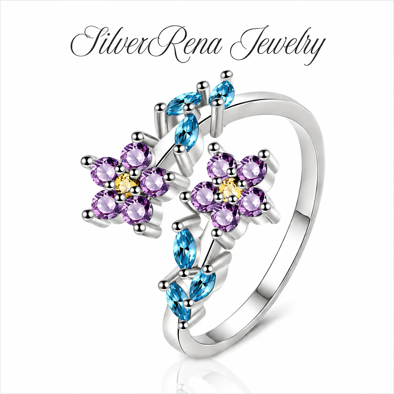 S925 Sterling Silver Adjustable Open Double Purple Flower Ring Multi Color Marquise & Round CZ Floral Leaf Stackable Statement Band Hypoallergenic Fairy Garden Jewelry Anniversary Valentine Gift For Her Women Teen Girls