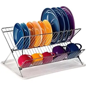 Foldable Dish Drainer, 2-Tier Stainless Dish Drying Rack With Drip Tray and 5 Buckles, 13.3*10.6"Foldable Dish Drainer for Sink, Countertop, Cutlery,, and Dishes (White)