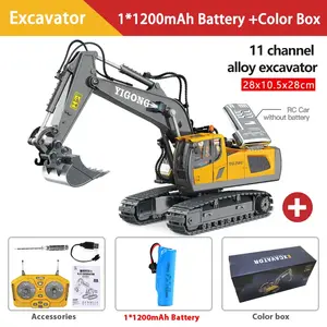 2.4G 11-CH Construction Toys - Remote Control Excavator, RC Construction Vehicles Toys with Metal Shovel, Lights, Sound and Rechargeable Battery. Best Gift for Kids, RC Dump Trucks Bulldozer