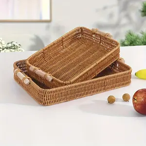 2pcs Woven Rattan Storage Basket with Wooden Handles, Modern Rectangular Shallow Tray, Contemporary Style, Stackable, for Living Room, Bedroom, Kitchen, Bathroom, Hotel Use, Home & Kitchen Organizer, Shelf Baskets