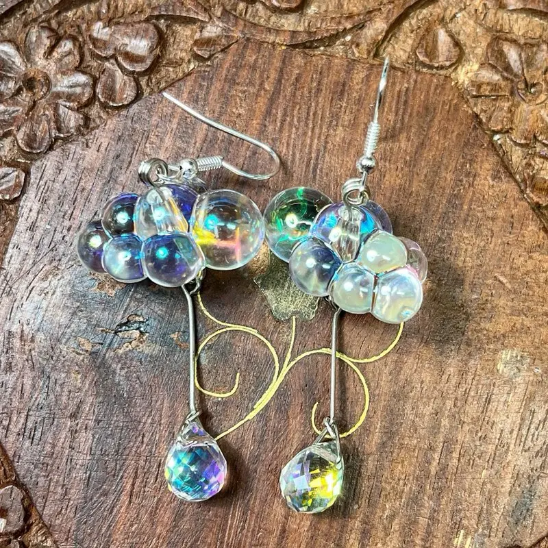 Handmade 925 Sterling Silver Iridescent Clear & Black Cloud Raindrop Earrings – Elegant & Unique Jewelry