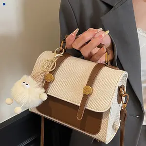 Elegant Light Luxury Woven Texture Handbag Beige Brown Faux Leather Shoulder Bag with Gold Hardware Plush Charm Crossbody Purse