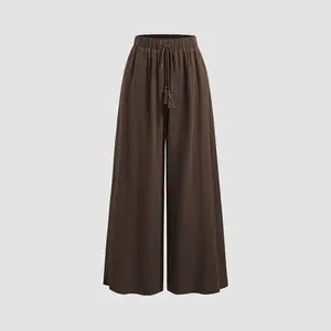 Cider Mid Rise Stretchy Wide Leg Trousers with Pocket, Lightweight Elastic Waist Work Pants, Daily Office Casual Trousers, Solid Color Comfort Waist Bottoms