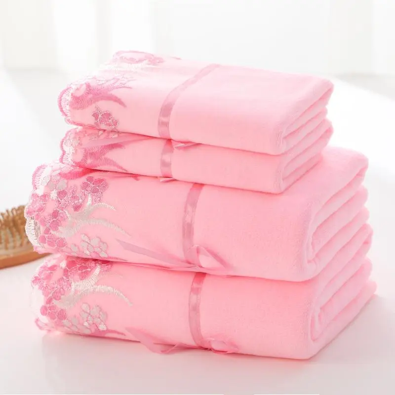 4-piece lace embroidered towel set, household microfiber towel, soft hand towel bath towel, bathroom bath towel set, bathroom absorbent towel, 2 bathroom towels and 2 hand towels, bathroom supplies, Towel Sets For Bathroom