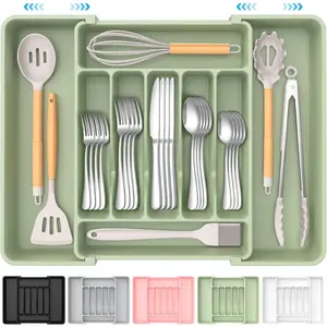 Expandable Silverware Organizer, BPA-Free Food-Safe Cutlery Flatware Organizer, Kitchen Utensil Drawer Organizer, Adjustable Silverware Holder for Spoons Forks Knives, Green