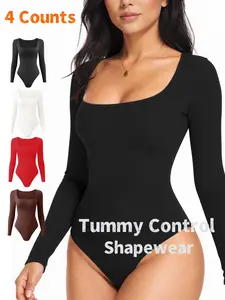 Women's Long Sleeve Cropped Square Neck Bodysuit, Seamless Tummy Control Shapewear with Thong, Slimming Waist Shaper, Comfortable Fit