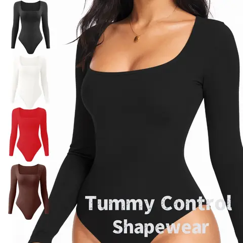 Women's Long Sleeve Cropped Square Neck Underwear Bodysuit, Seamless Smooth Tummy Control Compression Shapewear Daily Use with Thong, Slimming Waist Shaper, Flat Belly Shaper, Comfortable Fit