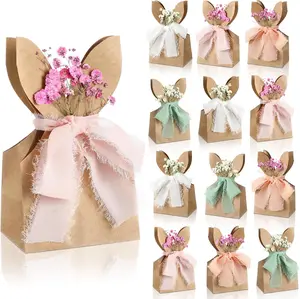 24/48 Pcs Boho Bow Easter Goodie Bags Bunny Paper Bags DIY Bunny Gift Boxes with Neutral Bow Ribbon Artificial Flower Rabbit Ear Treat Bags for Student Teacher Office Employee Coworker,School Classroom Table Decorations,Spring Birthday Wedding Party Favor