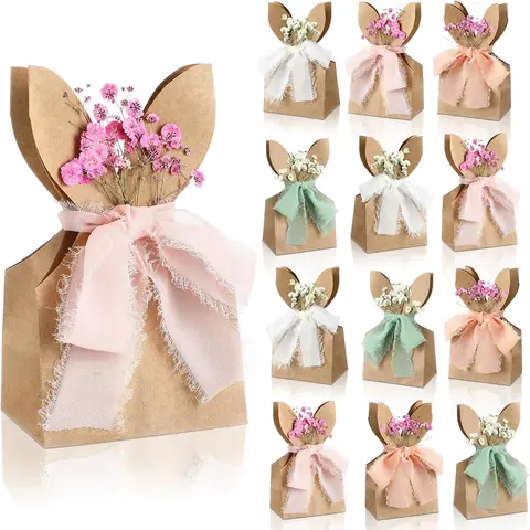 Boho Bow Easter Bunny Party Bags - 24/48 Pcs Paper Gift Boxes with Neutral Bow Ribbon, Artificial Flower, Rabbit Ears for Student Gifts, School Classroom Decor, Spring Party Favors