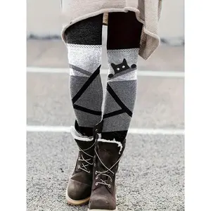 Women's Elegant Cat Print Leg Warmers - Four Seasons Tight Leggings with Black and White Striped Paw Print Design, Brown Tabby Cat Pattern, Machine Washable, Suitable for Casual and Formal Outfits, Compatible with Brown Boots (Comfortable and Stylish) - S