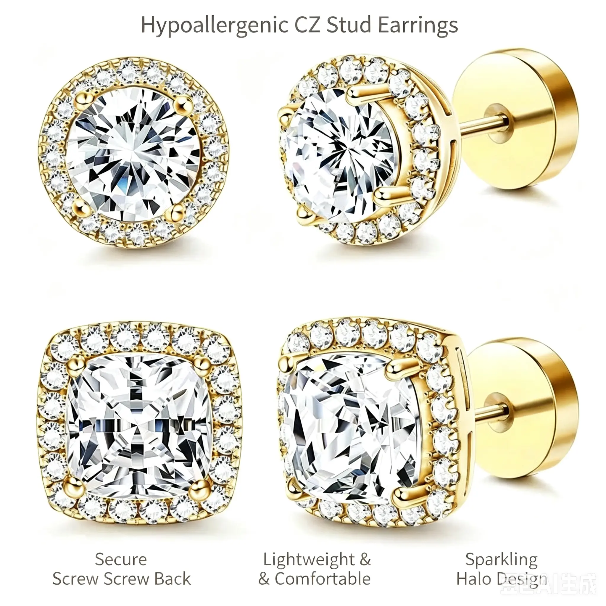 Halo Cubic Zirconia Stud Earrings, Screw Back Hypoallergenic Earrings for Sensitive Ears, Round & Square Simulated Diamond Jewelry Gift for Women Daily Wedding Party