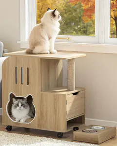 Cat Feeding Station, All-in-One Cat Food Table Cart with Moving Wheels, Scratcher End Table, Two Feeding Bowls pet furniture