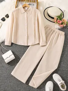 Girls' Casual Long Sleeve Button Front Blouse & Elastic Waist Pants Set, Comfortable Two-Piece for Daily Wear, Casual Outfit Set