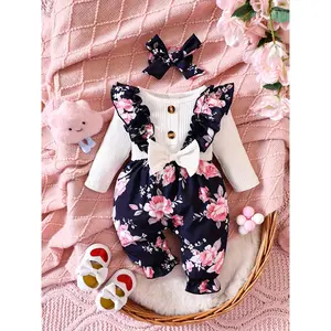' Flower Print Bow Bodysuit & Headband - Sleeve Round Neck Romper, Soft Outfit Suitable for Weddings, Photoshoots & Special Occasions (Spring/Fall), Perfect for Outdoor