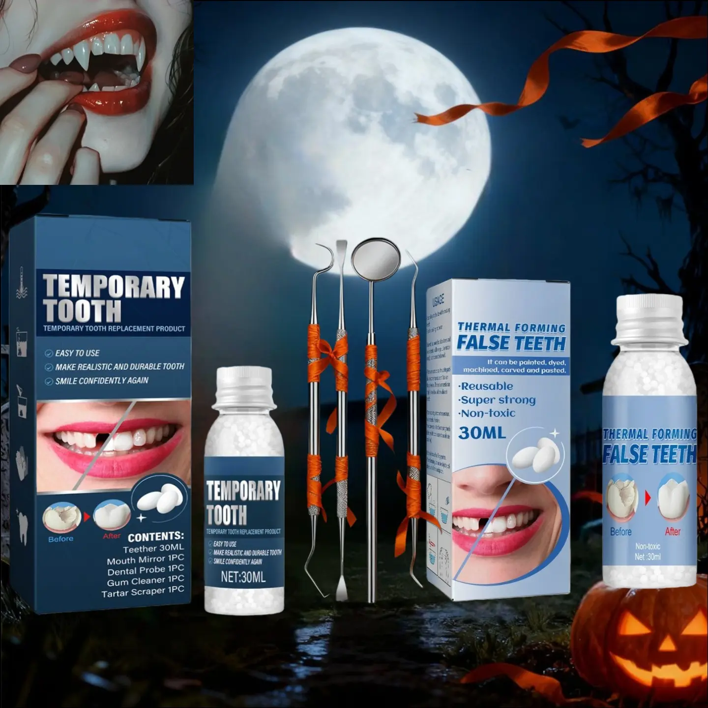 Halloween Moldable Fake Tooth Filling Gel 30ml, Temporary Fillings Cavities for Costume Makeup & Cosmetic Use, Easy DIY Tooth Gap & Missing Tooth Cover Resin, Moldable False Teeth, Fake Teeth