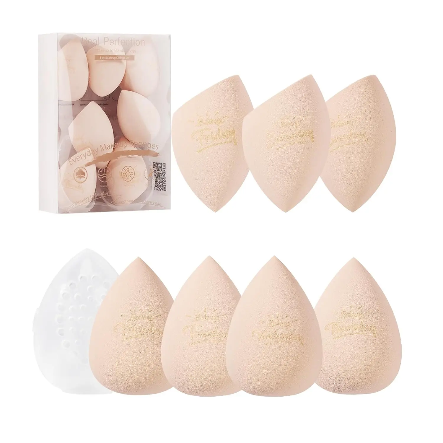 Latex-Free PU Foam Makeup Sponge Set, 7-Piece Real Perfection Blenders with 1 Travel Container for Blending Foundation, Liquid Cream & Powder (Beige)