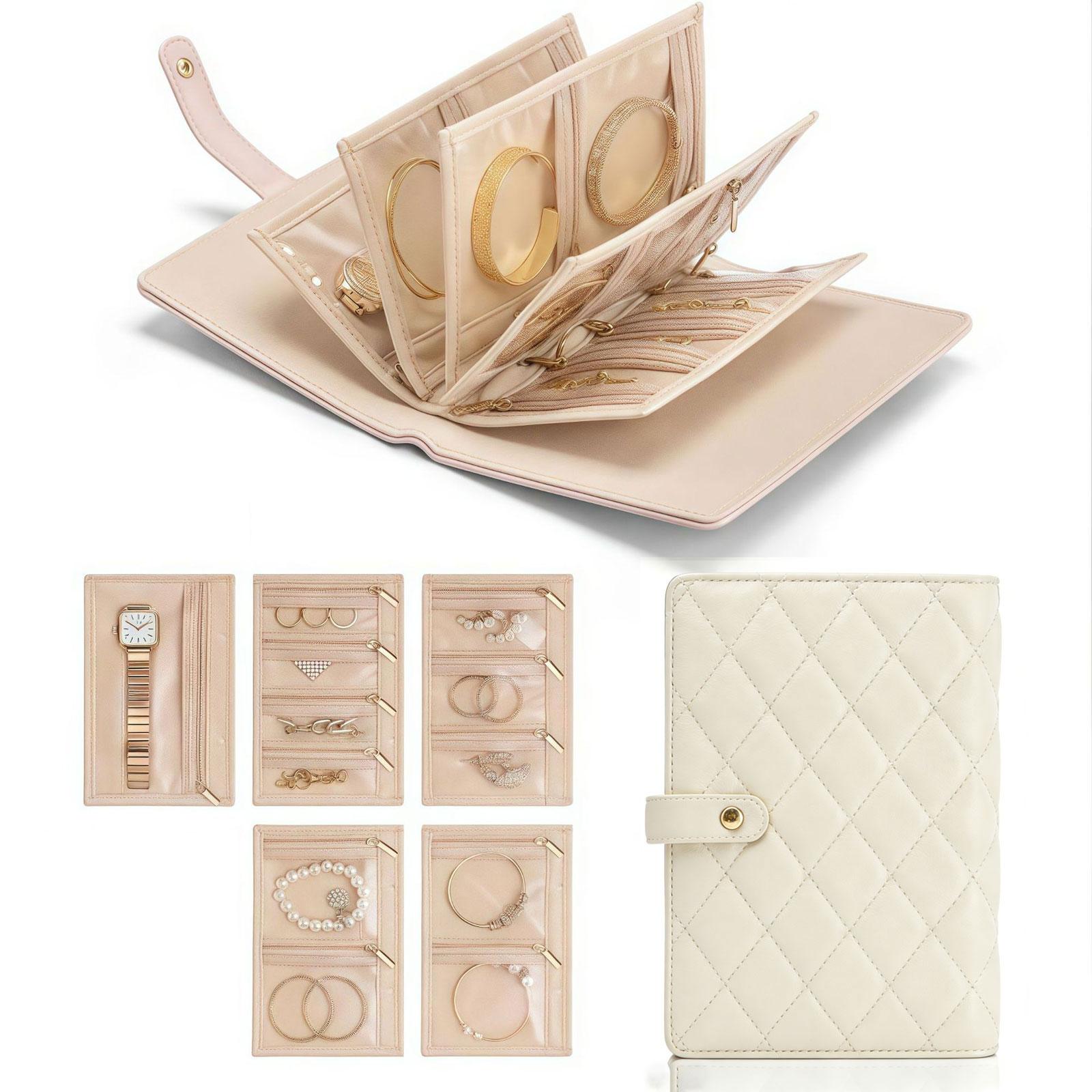 BOOVO Luxury Quilted Durable Storage Organizer Booklet - Cream Waterproof Accessory Holder with Transparent Pockets, Multilayer Compartments, Card & Ticket Slots, 5-Day Travel Ready, Bedroom Vanity Upgrade Gift for Her