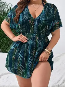 Plus Size Women's Tropical Palm Tree Leaves Print V Neck Tulle Cover Up Dress, High Stretch Loose Sun Protection Cinched Waist Cover Up for Beach Vacation, Swim Cover Ups, Swimsuit Coverup