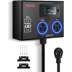 VEVOR NEMA Splitter for Dryer and EV, 3-Color LED Indicator, 240V Smart Power Distribution, with NEMA 10-30 Plug, 10-30 & 14-50 Outlets, Large 3.4-Inch LCD Screen, for Max 24A Dryer or EV