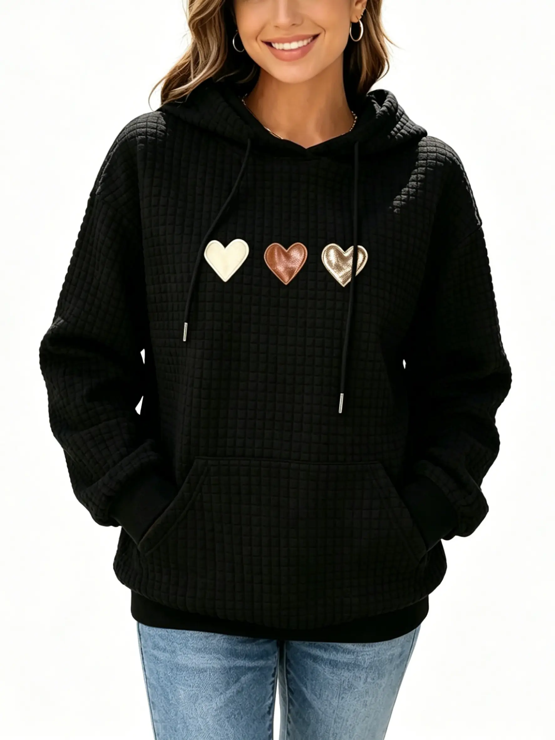 Three Hearts Graphic Hoodie for Women, Loose Fit Waffle Knit with Neutral Toned Hearts, Soft Comfy Pullover Sweatshirt, Casual Streetwear & Everyday Outfit
