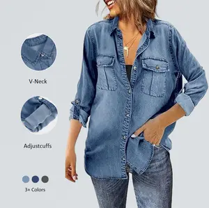 Imily Bela Womens Button Down Denim Shirt Long Sleeve Roll Up Casual Oversized Jean Shirt Jacket Distressed Tunic Tops V-Neck Adjustcuffs 3+ Colors