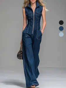New Spring Summer Vintage Casual Denim Jumpsuit, Sleeveless Design, Wide Leg Pants, Slimming High Waist, Fashionable One-Piece