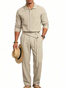 Men's Casual Trendy Loose Fit Business Linen Long Sleeve Naples Set, Simple Style, Comfortable and Stylish, Perfect for Daily Wear